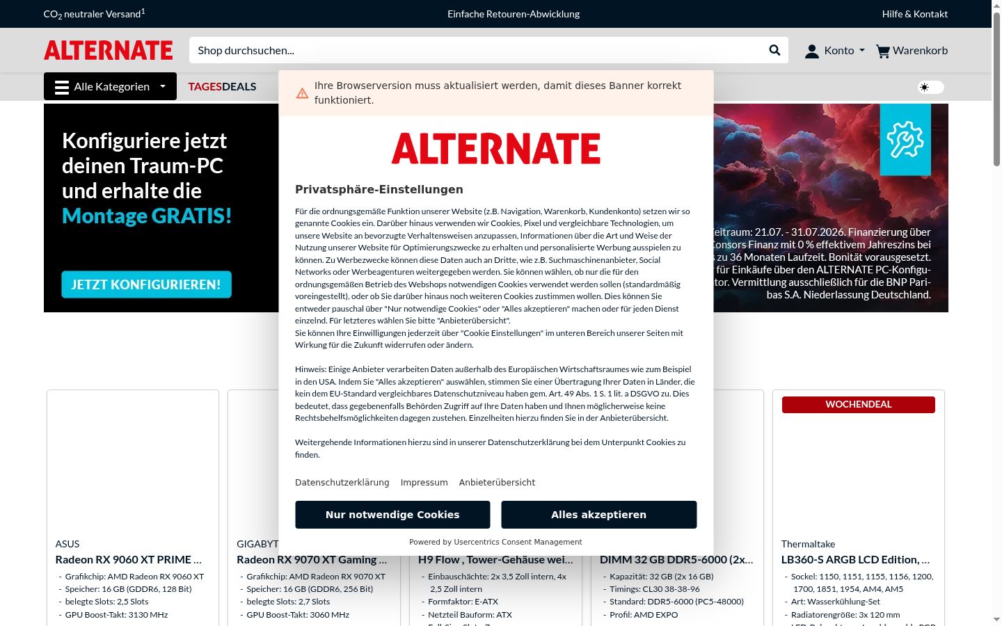 Screenshot del banner di consenso mostrato prima di qualsiasi interazione