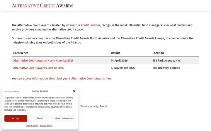 Snímek obrazovky alternativecreditawards.com