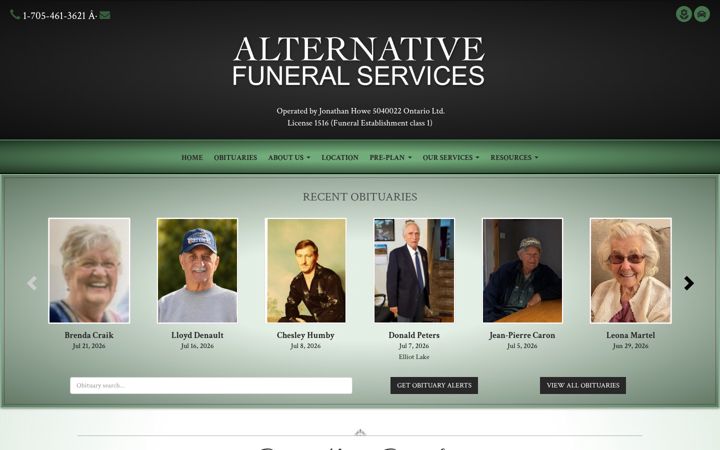 Screenshot ta' alternativefuneralservices.com
