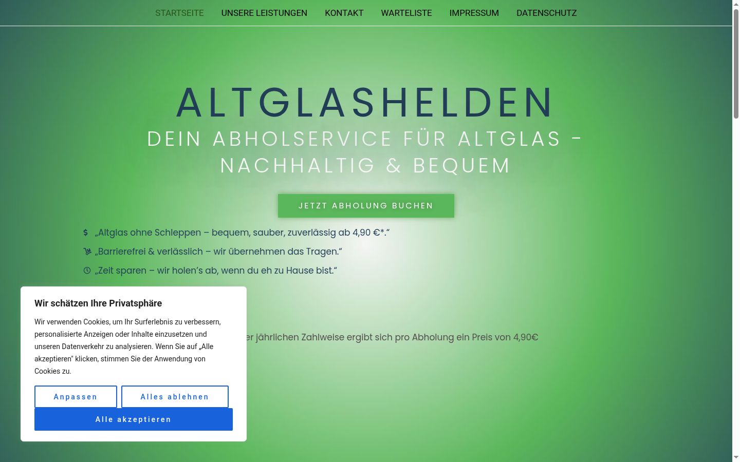 Screenshot des Einwilligungsbanners vor jeglicher Interaktion