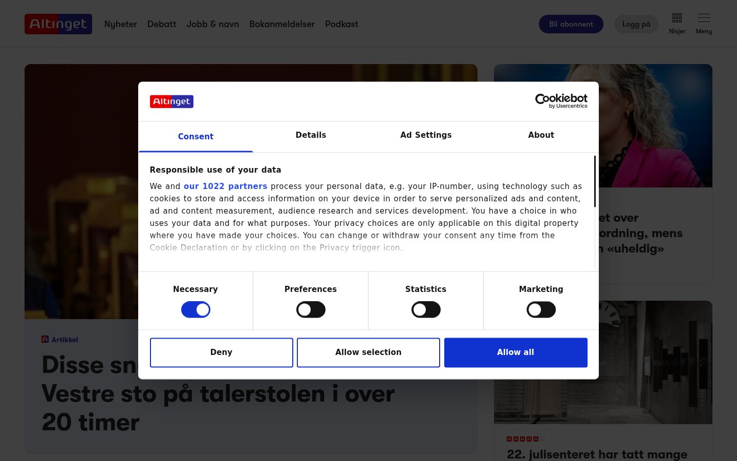 Snimka zaslona bannera za privolu prikazanog prije bilo kakve interakcije