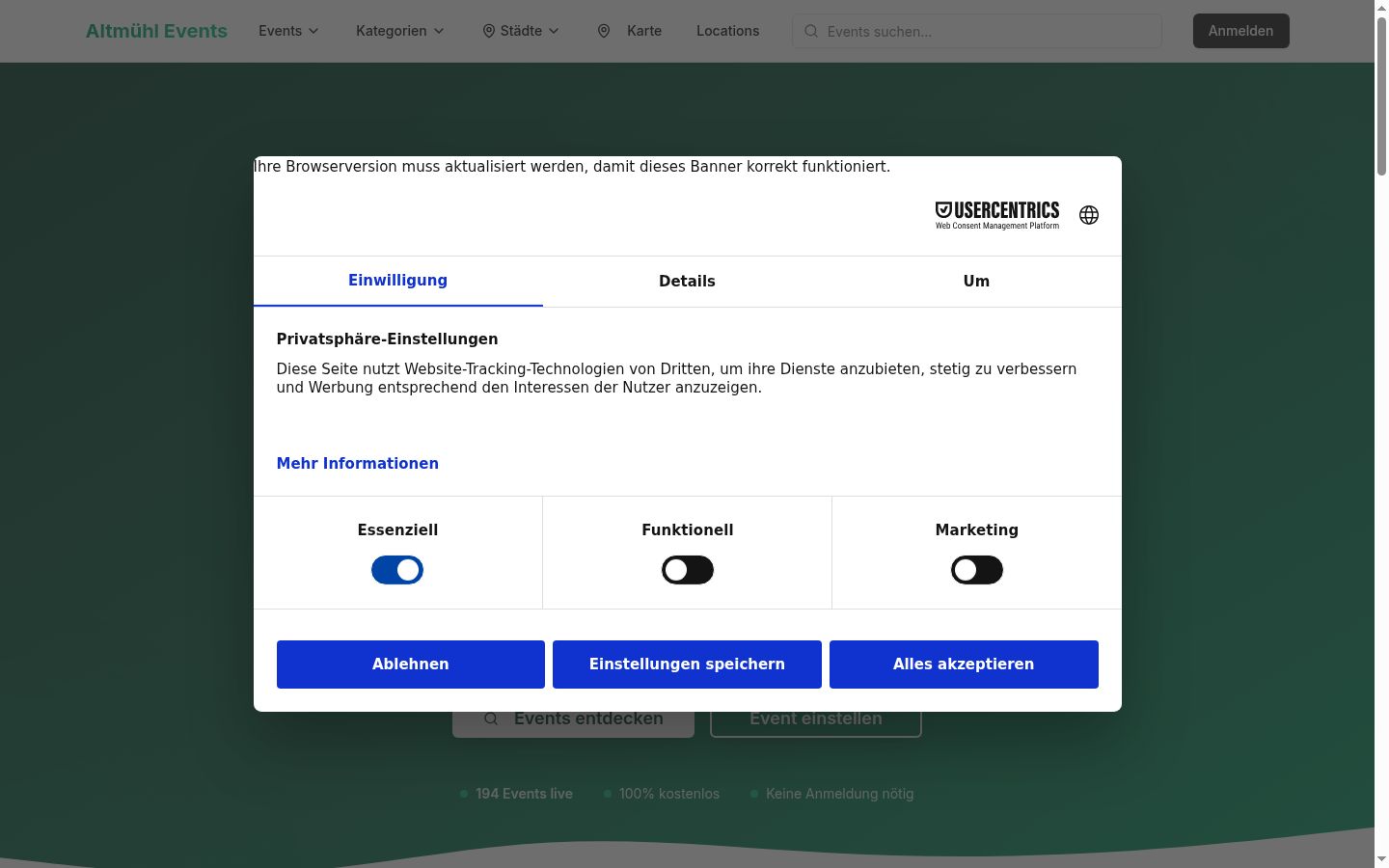 Screenshot tal-banner tal-kunsens muri qabel kwalunkwe interazzjoni