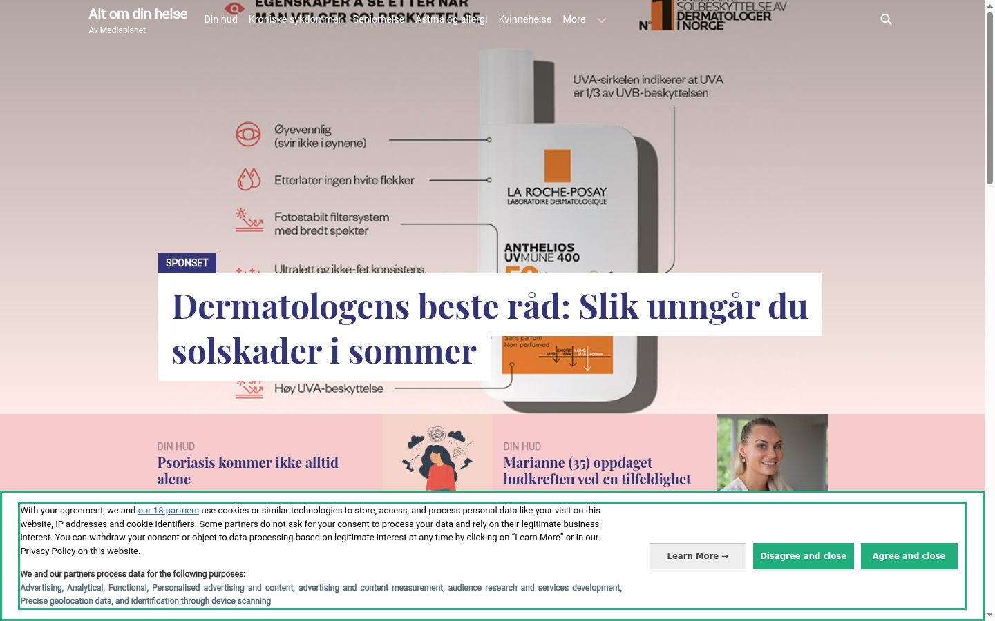 Skærmbillede af samtykkebanneret, som det blev vist før nogen interaktion