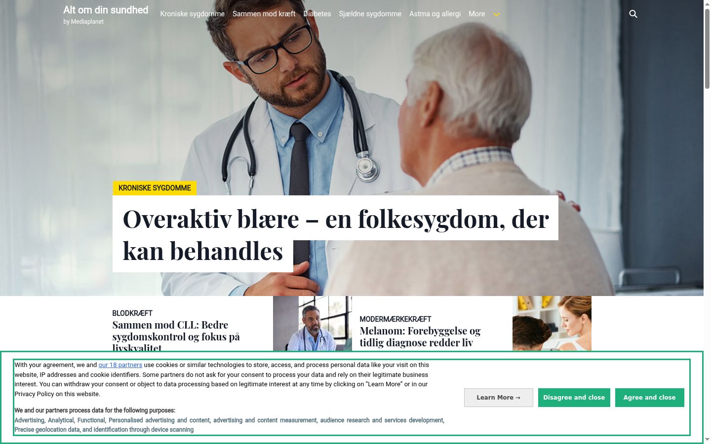 Skærmbillede af samtykkebanneret, som det blev vist før nogen interaktion