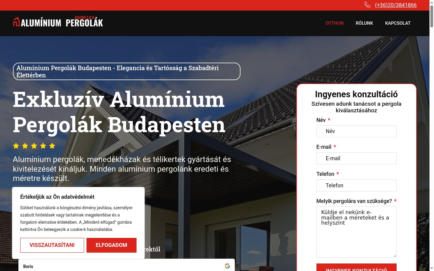Képernyőkép a bármilyen interakció előtt megjelenő hozzájárulási bannerről