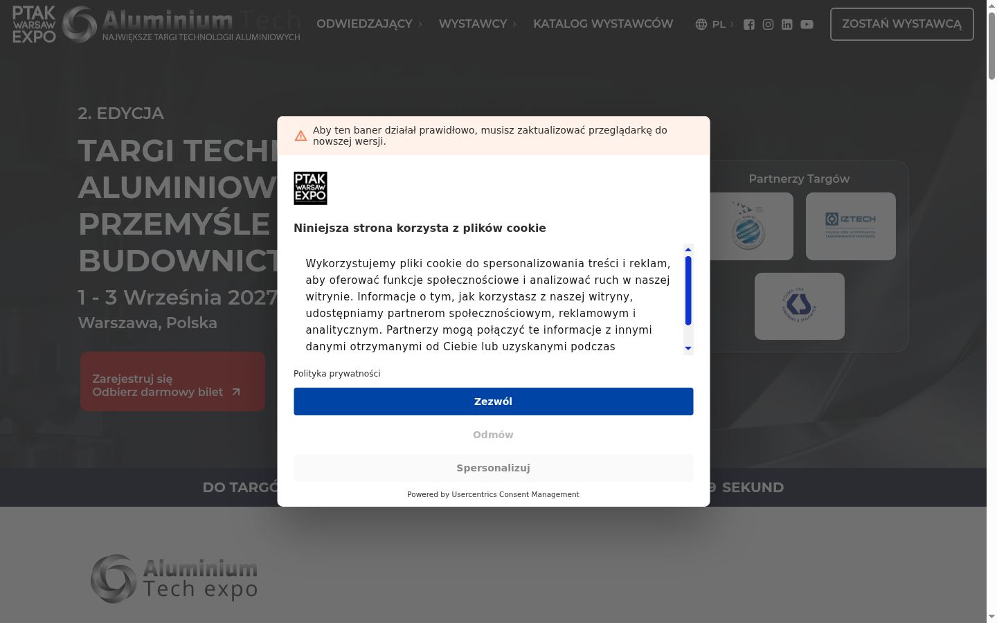 Captura de ecrã do banner de consentimento apresentado antes de qualquer interação