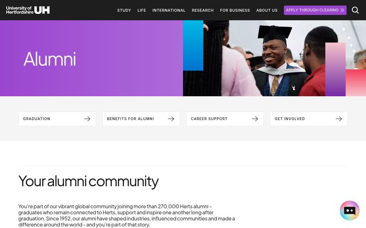 Kuvakaappaus sivustosta alumni.herts.ac.uk