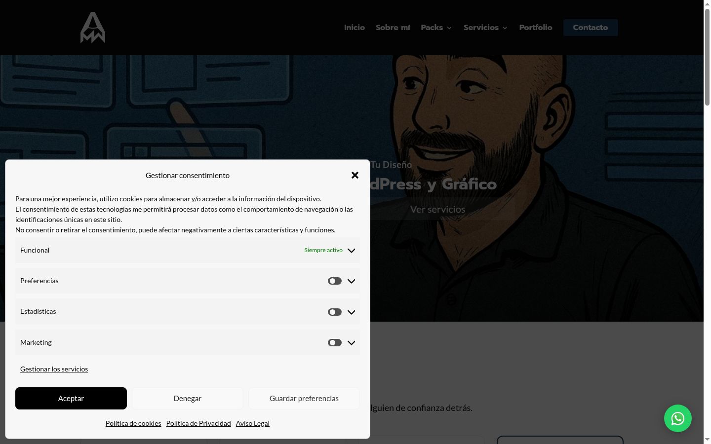 Captura de pantalla del banner de consentimiento mostrado antes de cualquier interacción