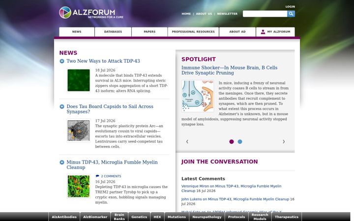Screenshot of alzforum.org