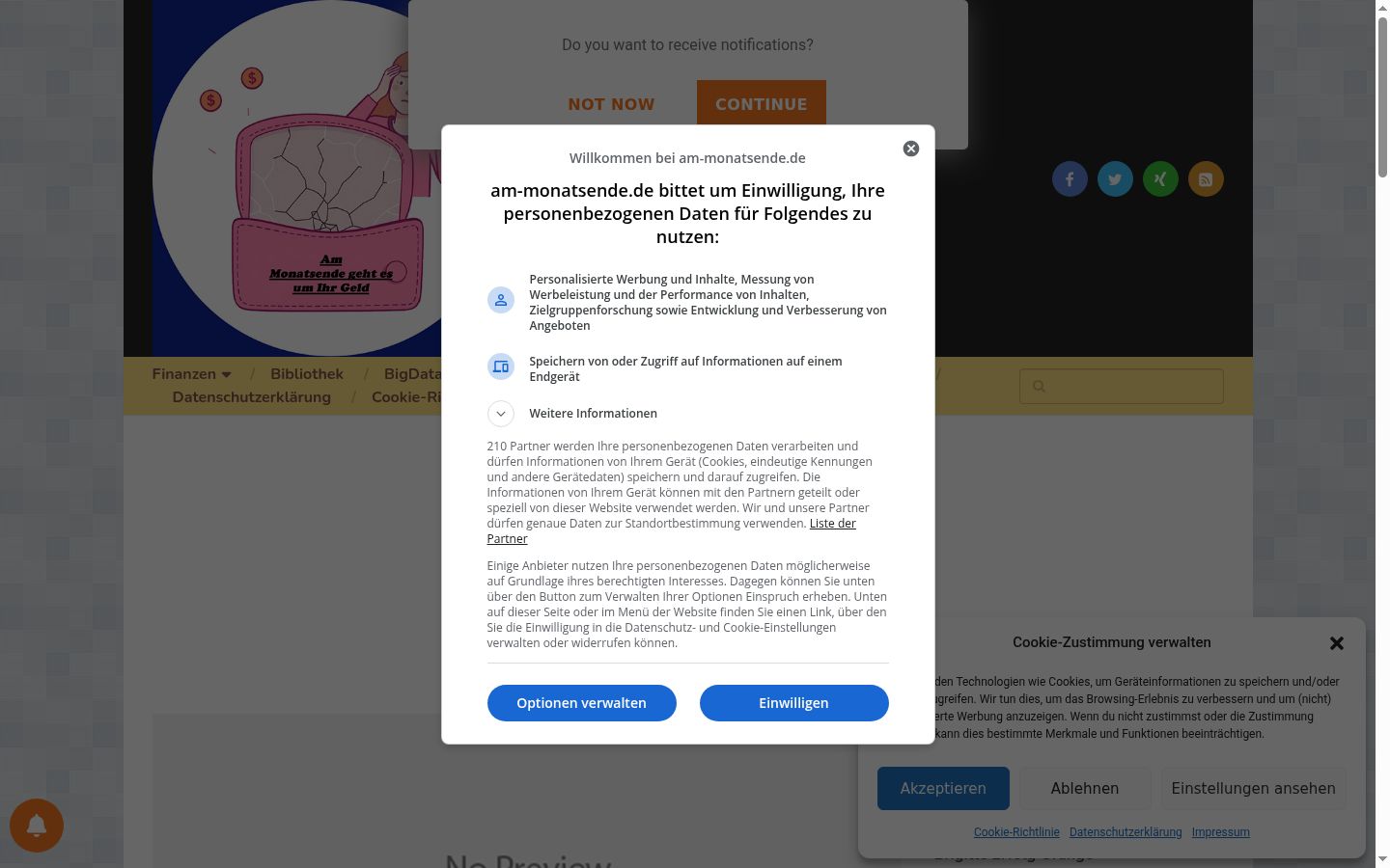 Screenshot des Einwilligungsbanners vor jeglicher Interaktion