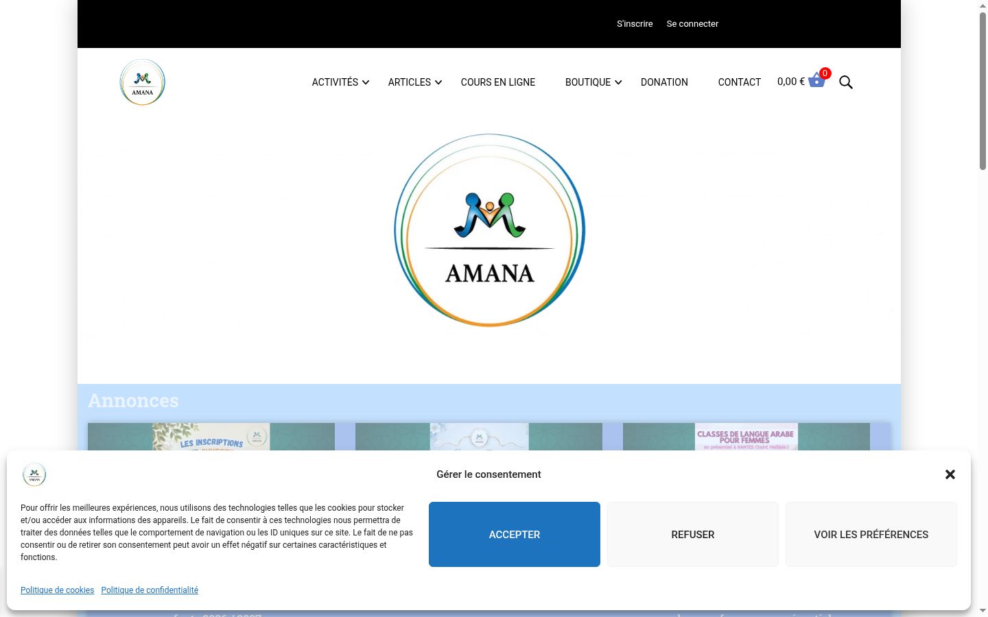 Captura de ecrã do banner de consentimento apresentado antes de qualquer interação