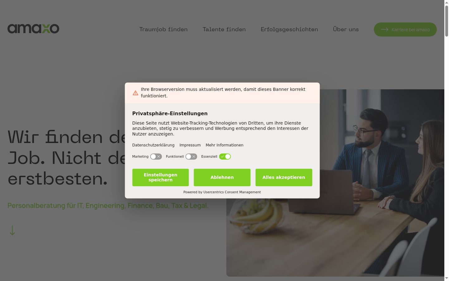Skärmbild av samtyckesbannern som visades före någon interaktion