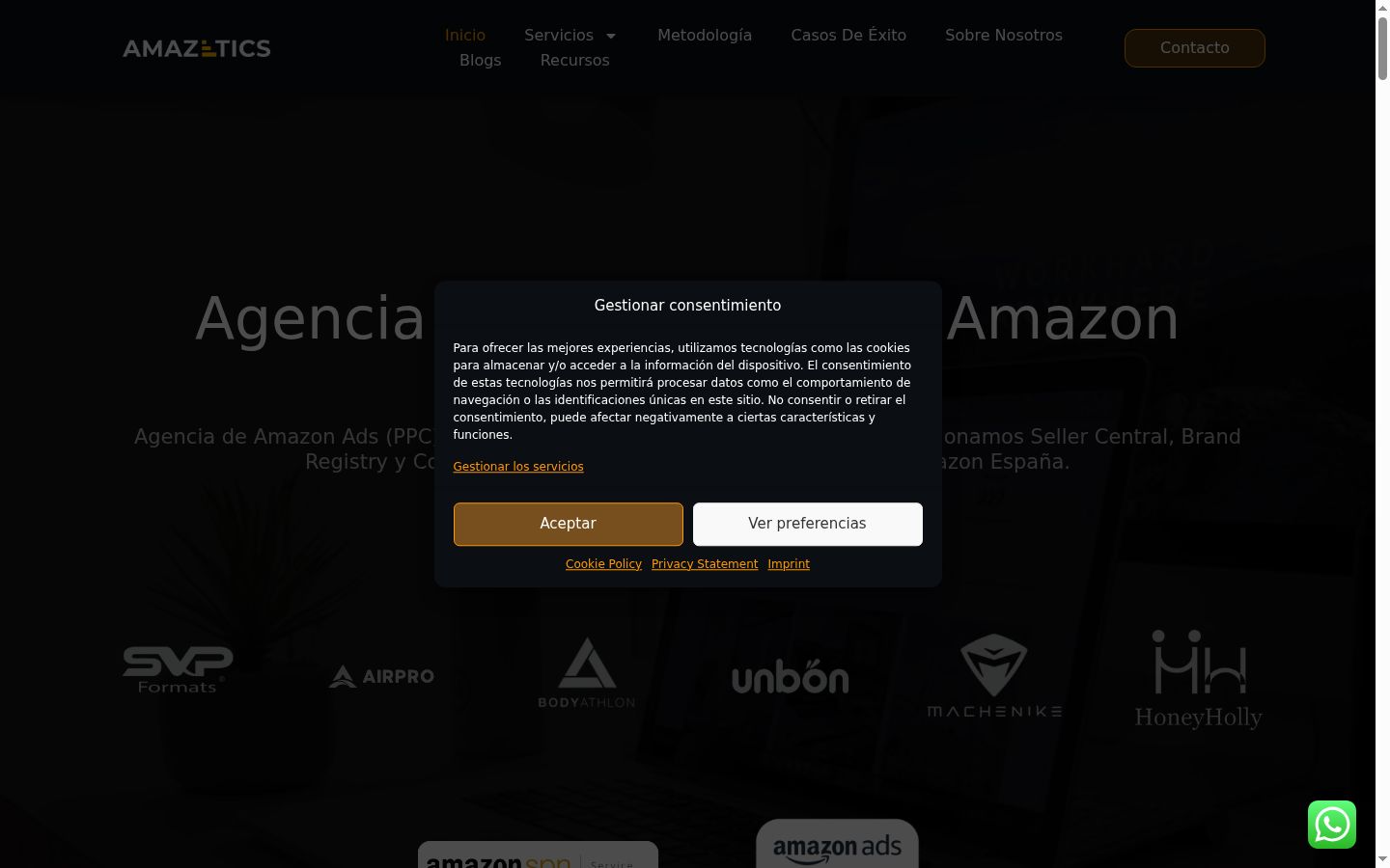 Captura de pantalla del banner de consentimiento mostrado antes de cualquier interacción