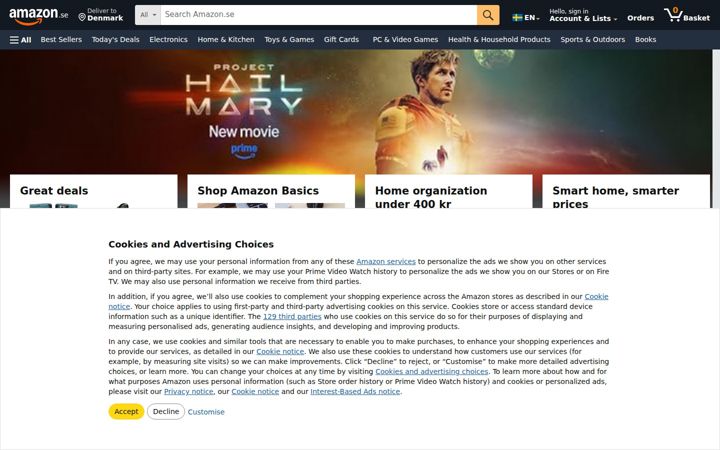 Screenshot stránky amazon.se