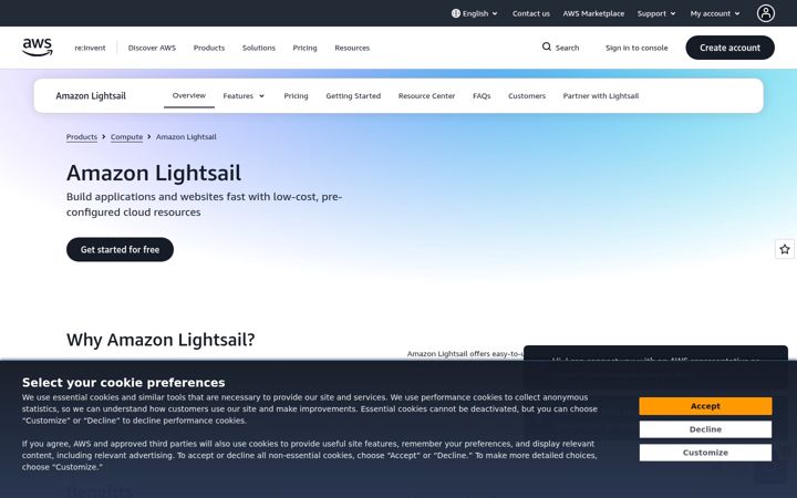 Captura de ecrã de amazonlightsail.com