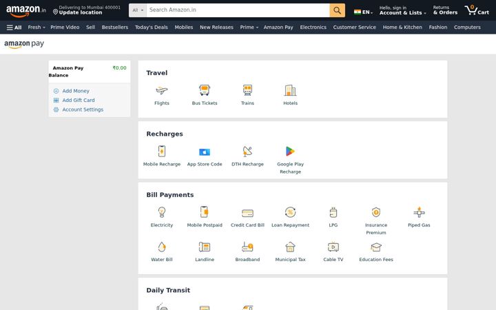 Screenshot stránky amazonpay.in