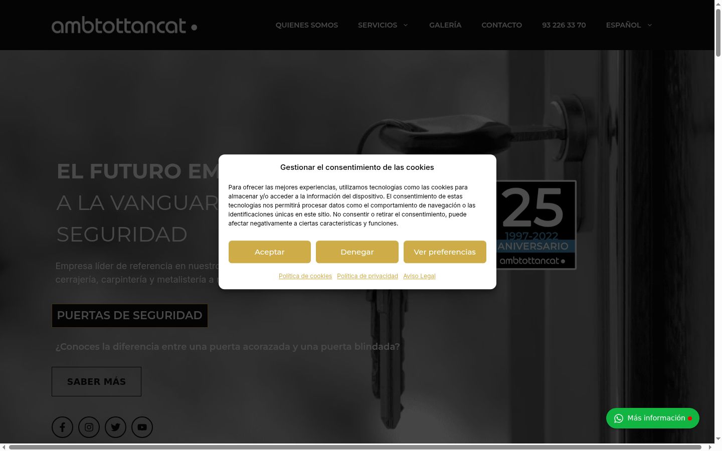 Captura de pantalla del banner de consentimiento mostrado antes de cualquier interacción
