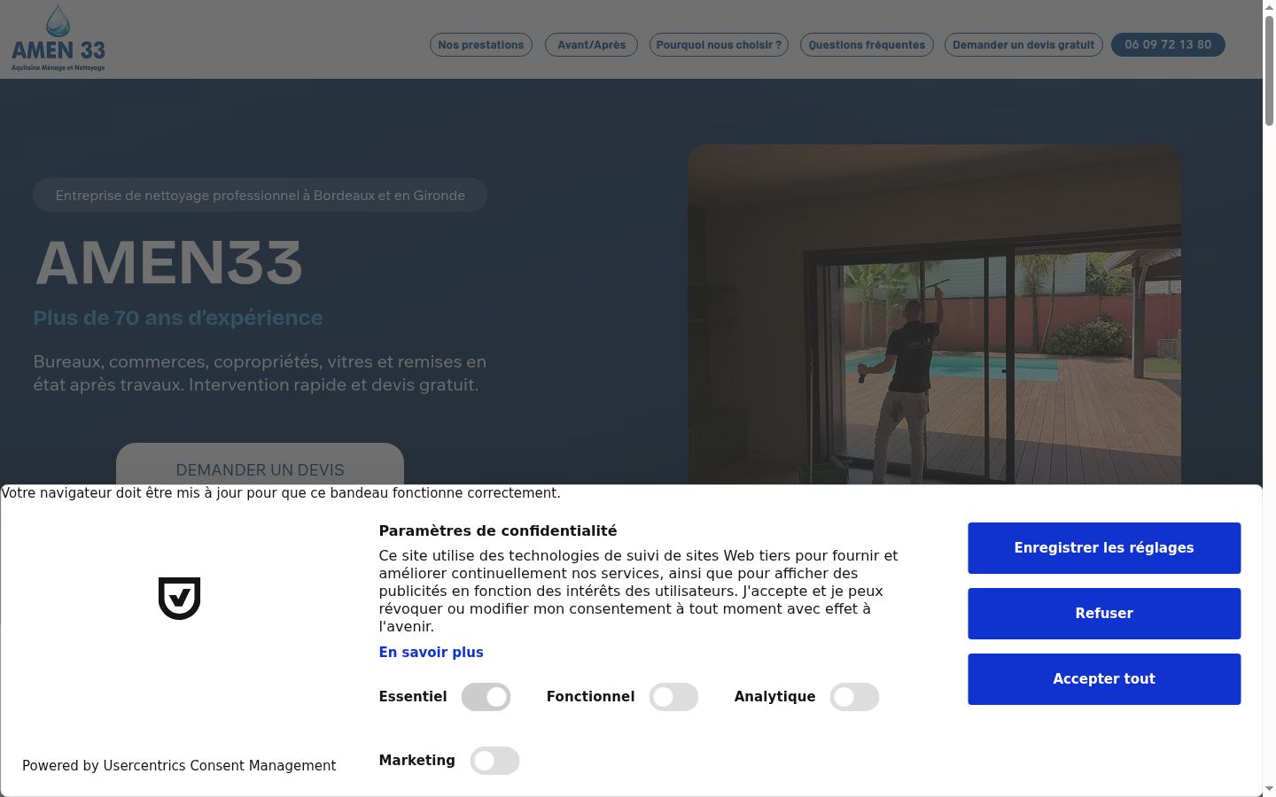 Captura de ecrã do banner de consentimento apresentado antes de qualquer interação