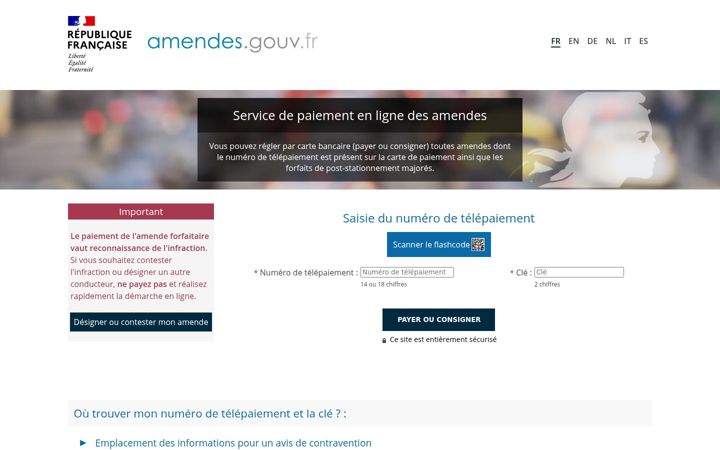 Captură de ecran a amendes.gouv.fr