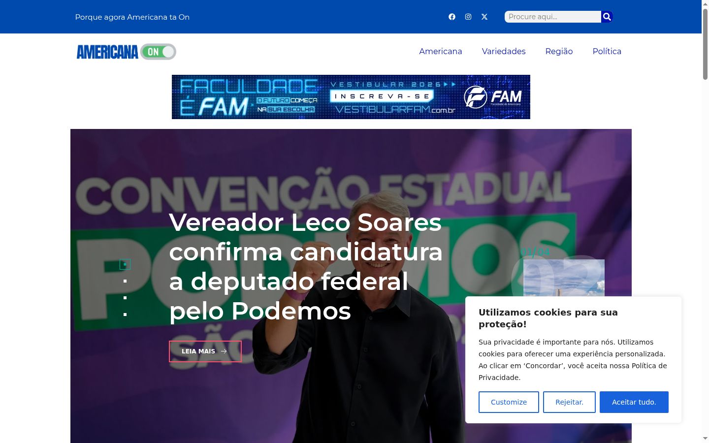 Captura de ecrã do banner de consentimento apresentado antes de qualquer interação
