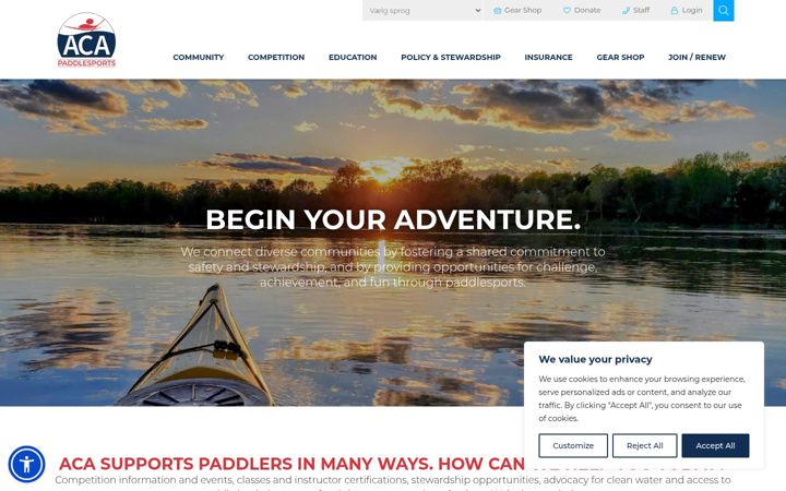 Екранна снимка на americancanoe.org
