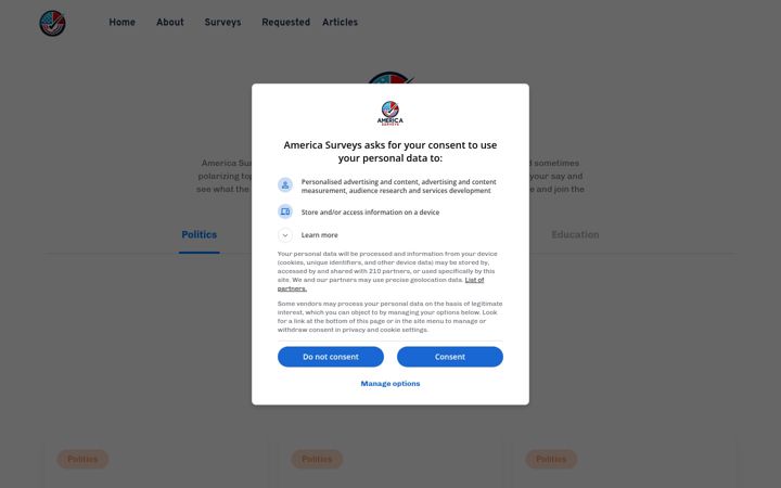 Captură de ecran a americasurveys.com