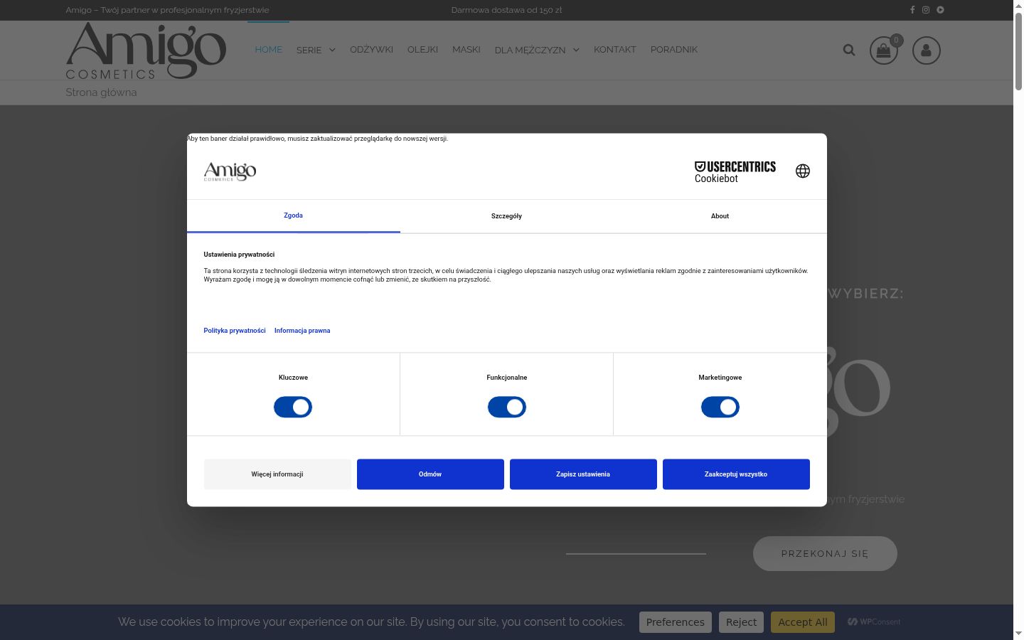 Screenshot del banner di consenso mostrato prima di qualsiasi interazione