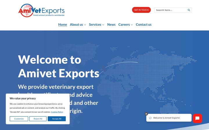 Kuvakaappaus sivustosta amivetexports.co.uk