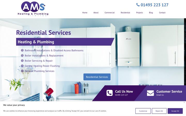 Screenshot of amsheatingplumbing.co.uk