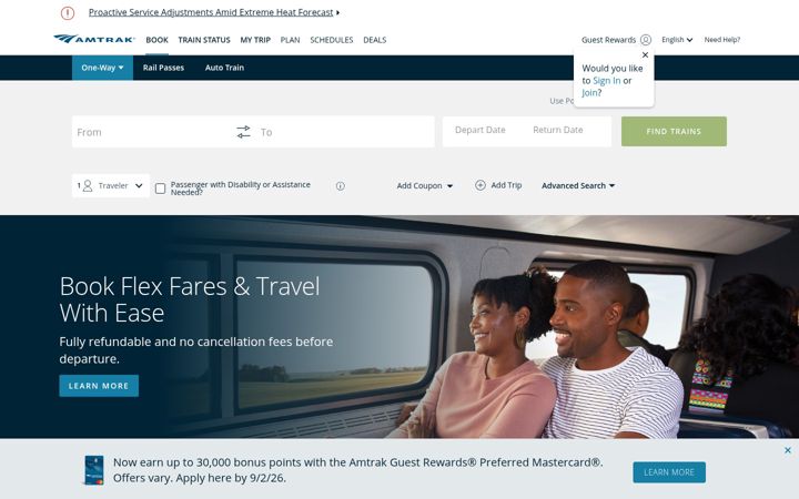 Kuvakaappaus sivustosta amtrak.com