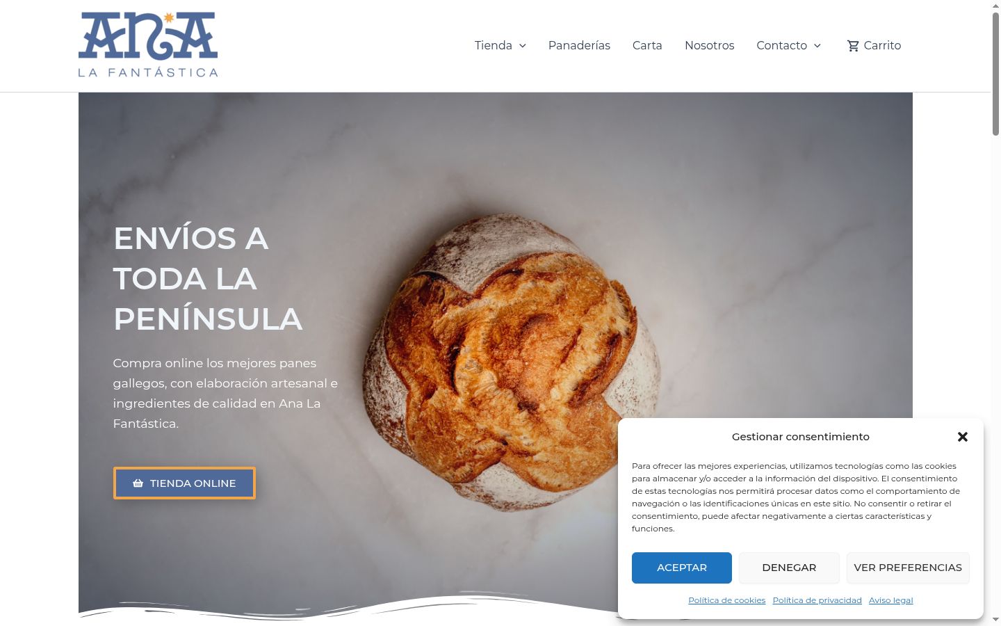 Captura de ecrã do banner de consentimento apresentado antes de qualquer interação