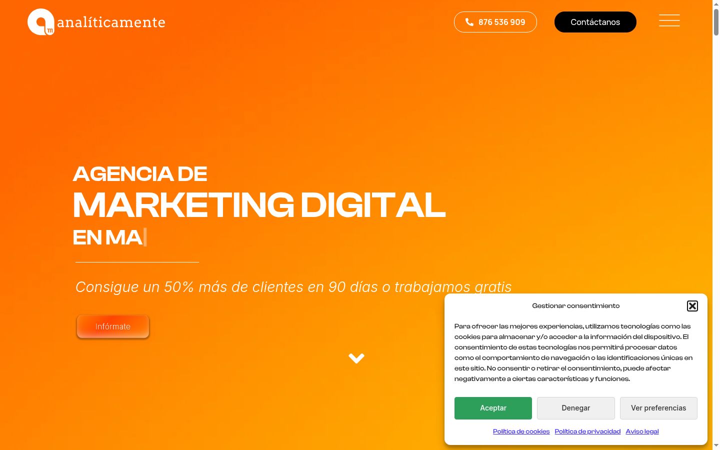 Captura de pantalla del banner de consentimiento mostrado antes de cualquier interacción