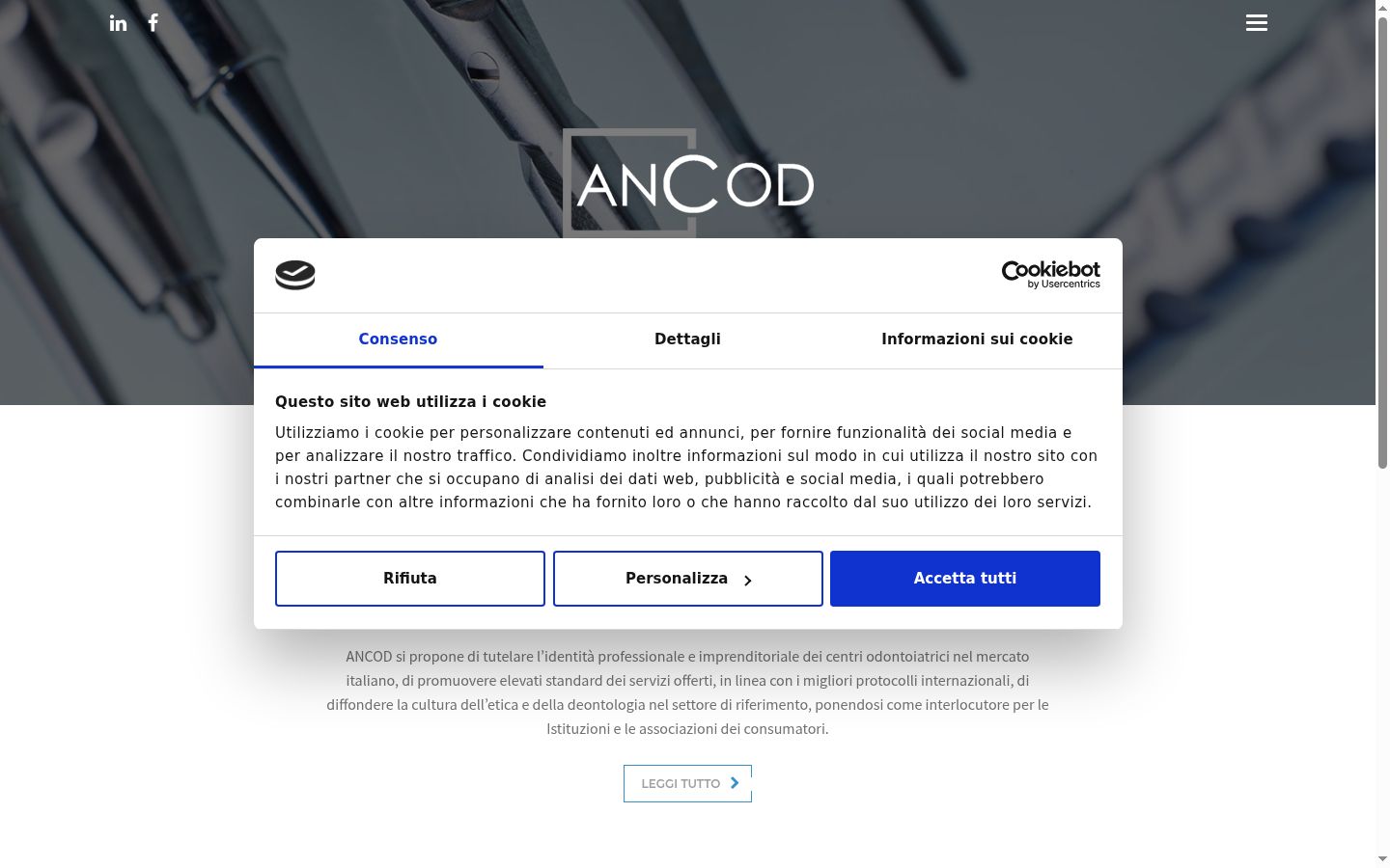 Screenshot del banner di consenso mostrato prima di qualsiasi interazione