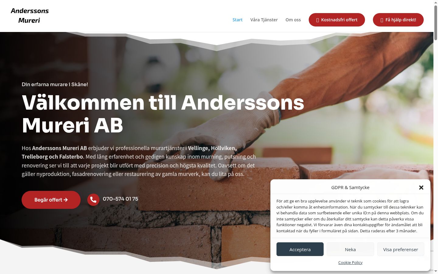 Skärmbild av samtyckesbannern som visades före någon interaktion