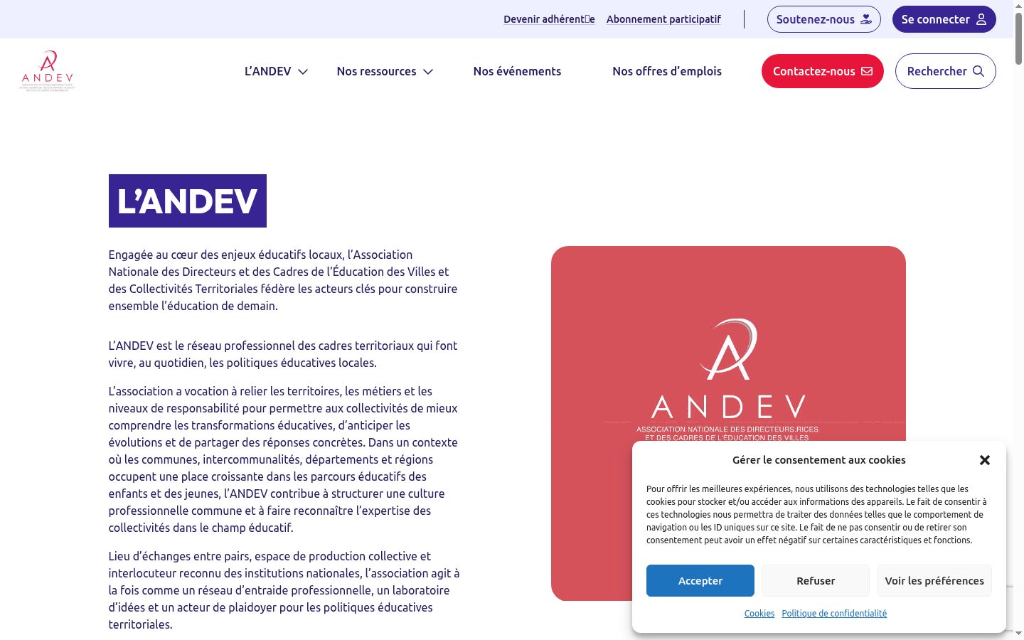 Capture d'écran de la bannière de consentement affichée avant toute interaction
