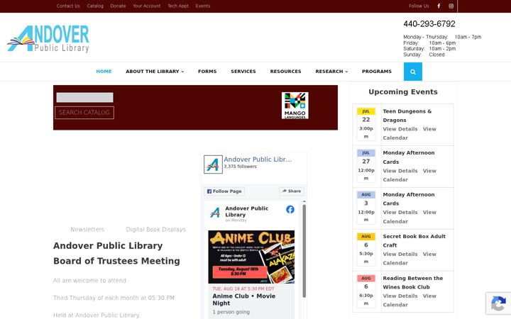 Screenshot of andoverlibraryohio.org