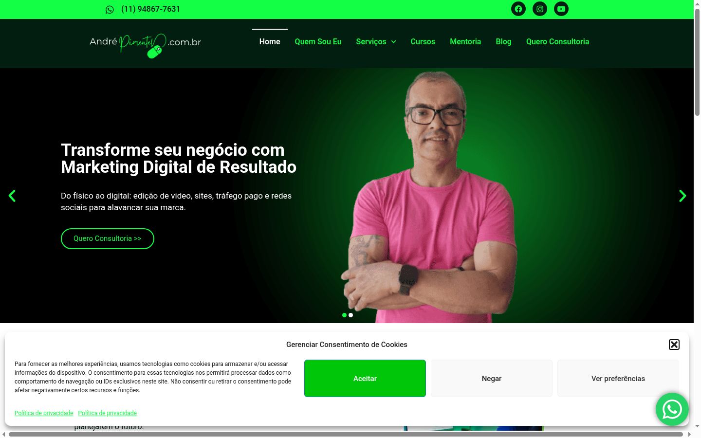 Captura de ecrã do banner de consentimento apresentado antes de qualquer interação