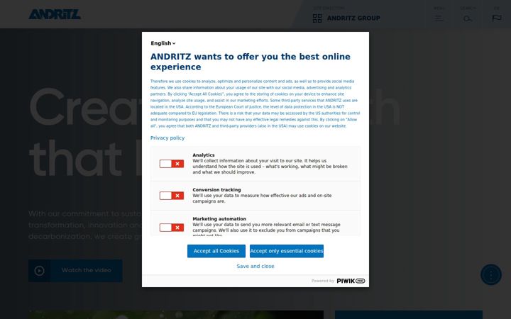 Posnetek zaslona andritz.com