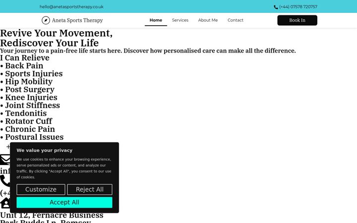 Screenshot of anetasportstherapy.co.uk