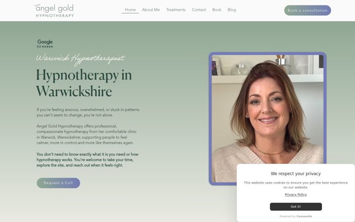 Screenshot of angelgoldhypnotherapy.co.uk