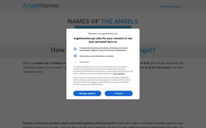 Captură de ecran a angelsnames.xyz