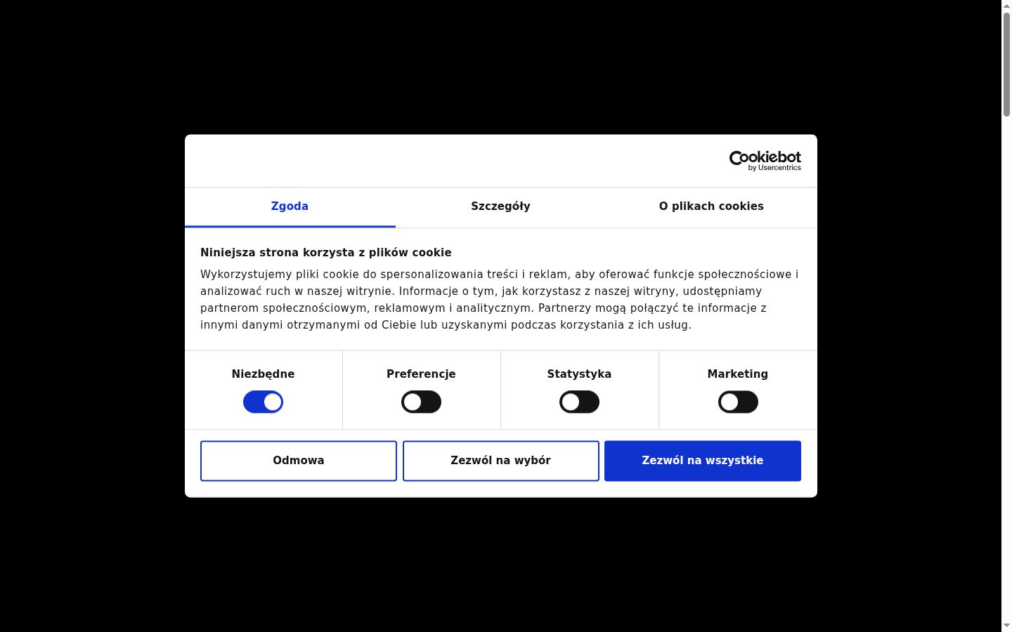 Zrzut ekranu banera zgody wyświetlanego przed jakąkolwiek interakcją