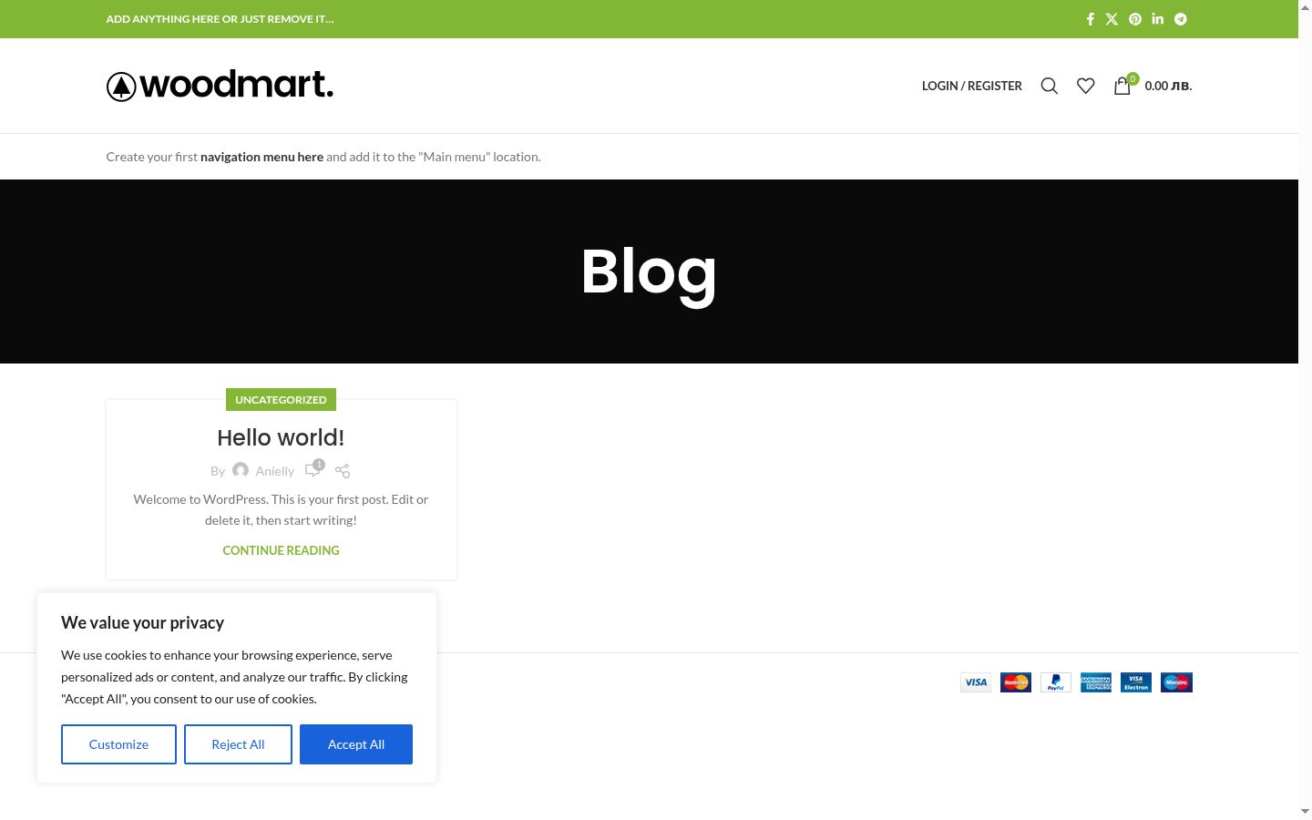 Screenshot del banner di consenso mostrato prima di qualsiasi interazione
