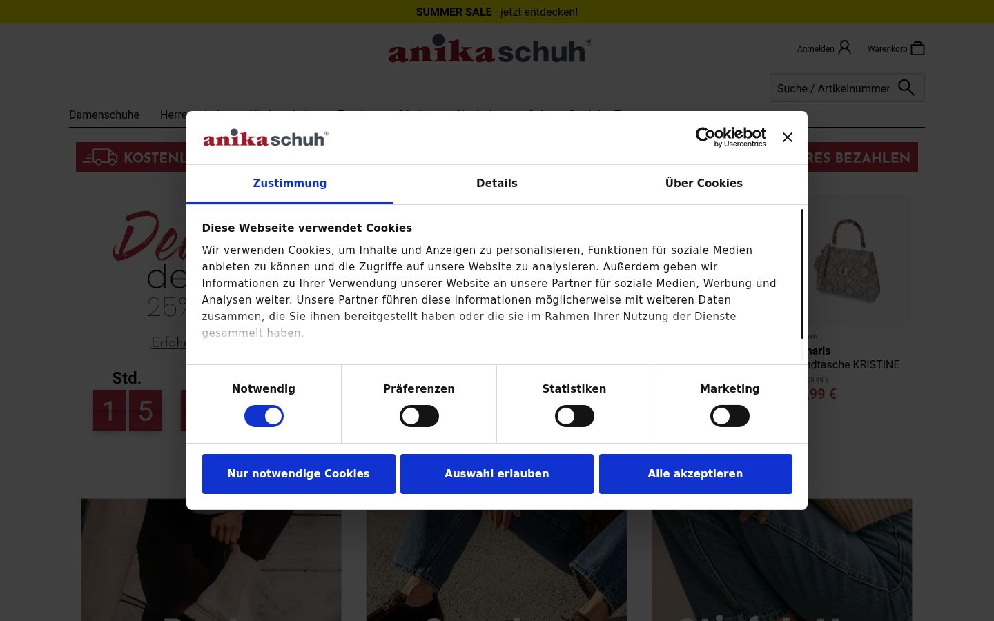 Screenshot des Einwilligungsbanners vor jeglicher Interaktion