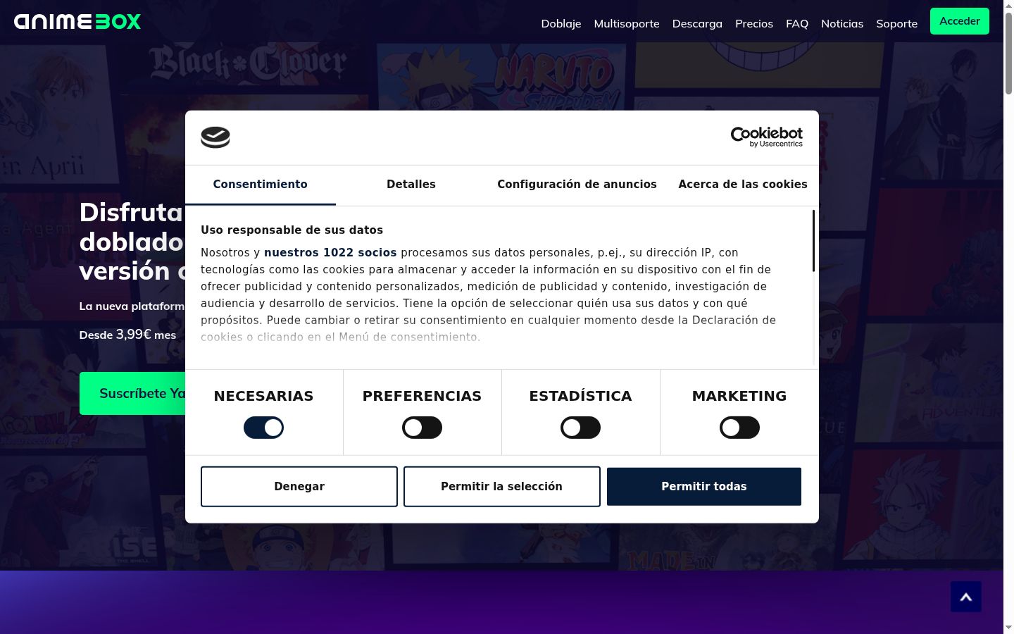 Captura de pantalla del banner de consentimiento mostrado antes de cualquier interacción