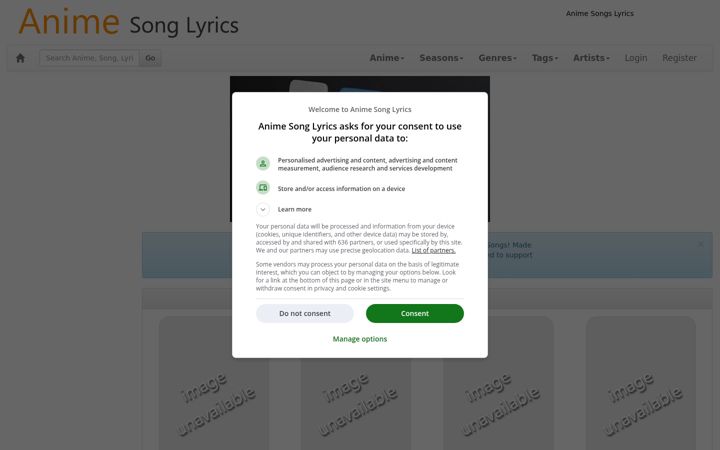 Kuvakaappaus sivustosta animesonglyrics.com