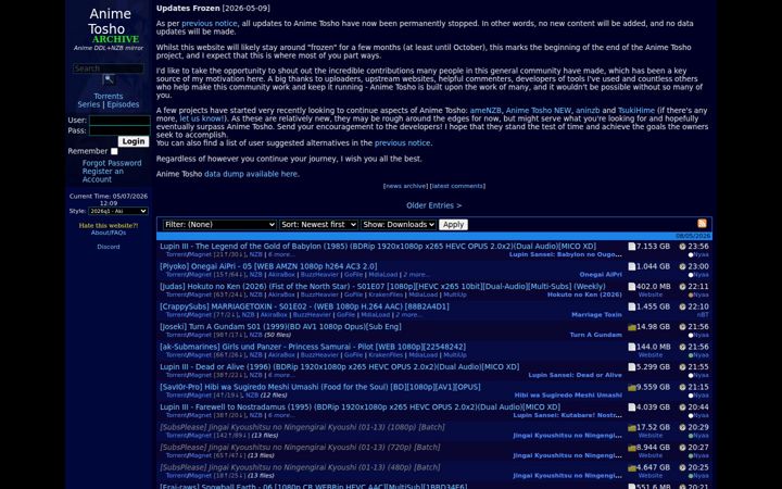 Screenshot stránky animetosho.org