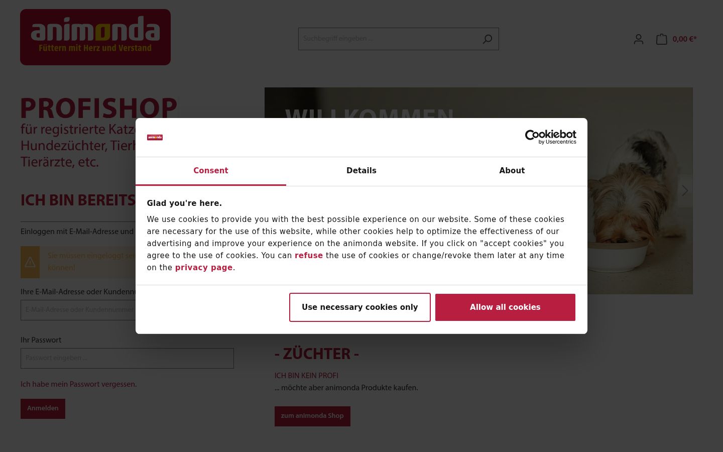 Screenshot del banner di consenso mostrato prima di qualsiasi interazione