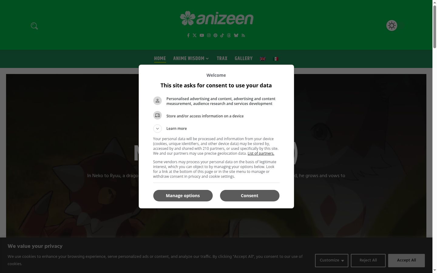 Screenshot del banner di consenso mostrato prima di qualsiasi interazione