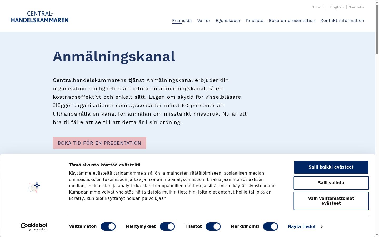 Skärmbild av samtyckesbannern som visades före någon interaktion